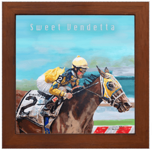 Sweet Vendetta race horse, acrylic painting, Teri Coté art.