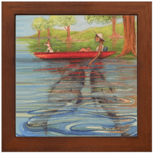 Color pencil drawing, girl and dog in canoe with giant mystical fish, Teri Coté art.